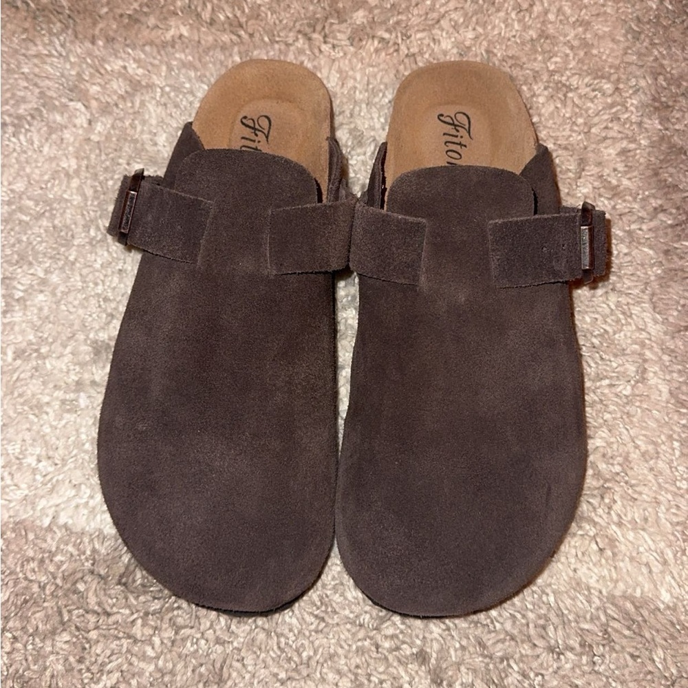 Women’s suede clogs, adjustable straps (Color Mocha, Size 8.5)